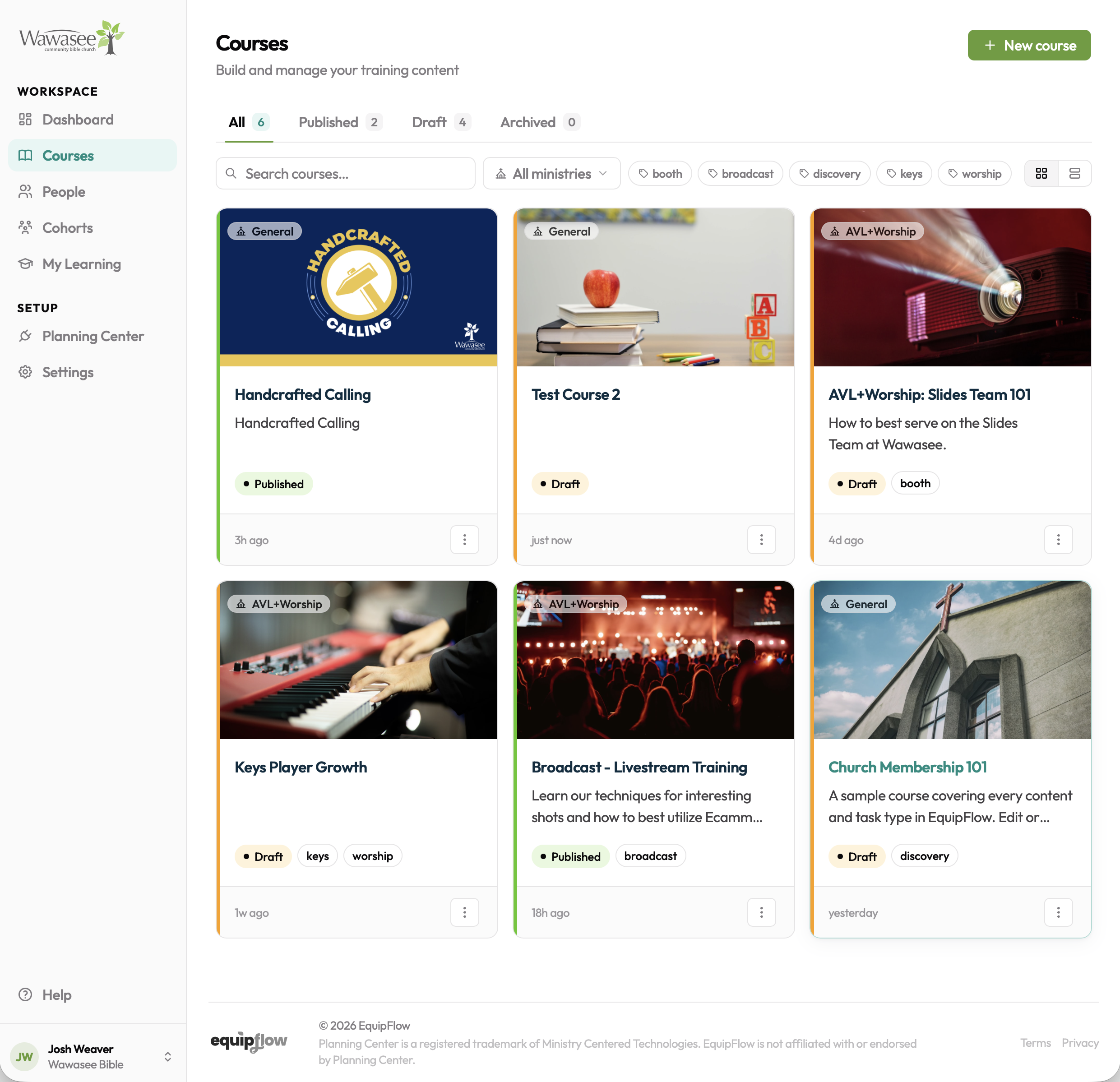 EquipFlow courses dashboard showing a grid of training courses across multiple categories